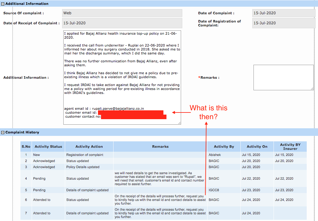 Bajaj Allianz health insurance IRDAI complaint history