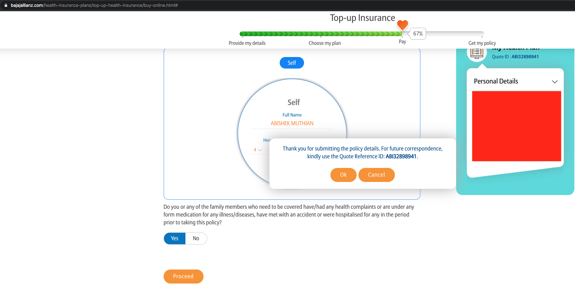 Bajaj Allianz website application for health insurance with preexisting illness