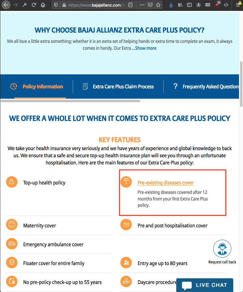 Bajaj Allianz website claim regard preexisting illness
