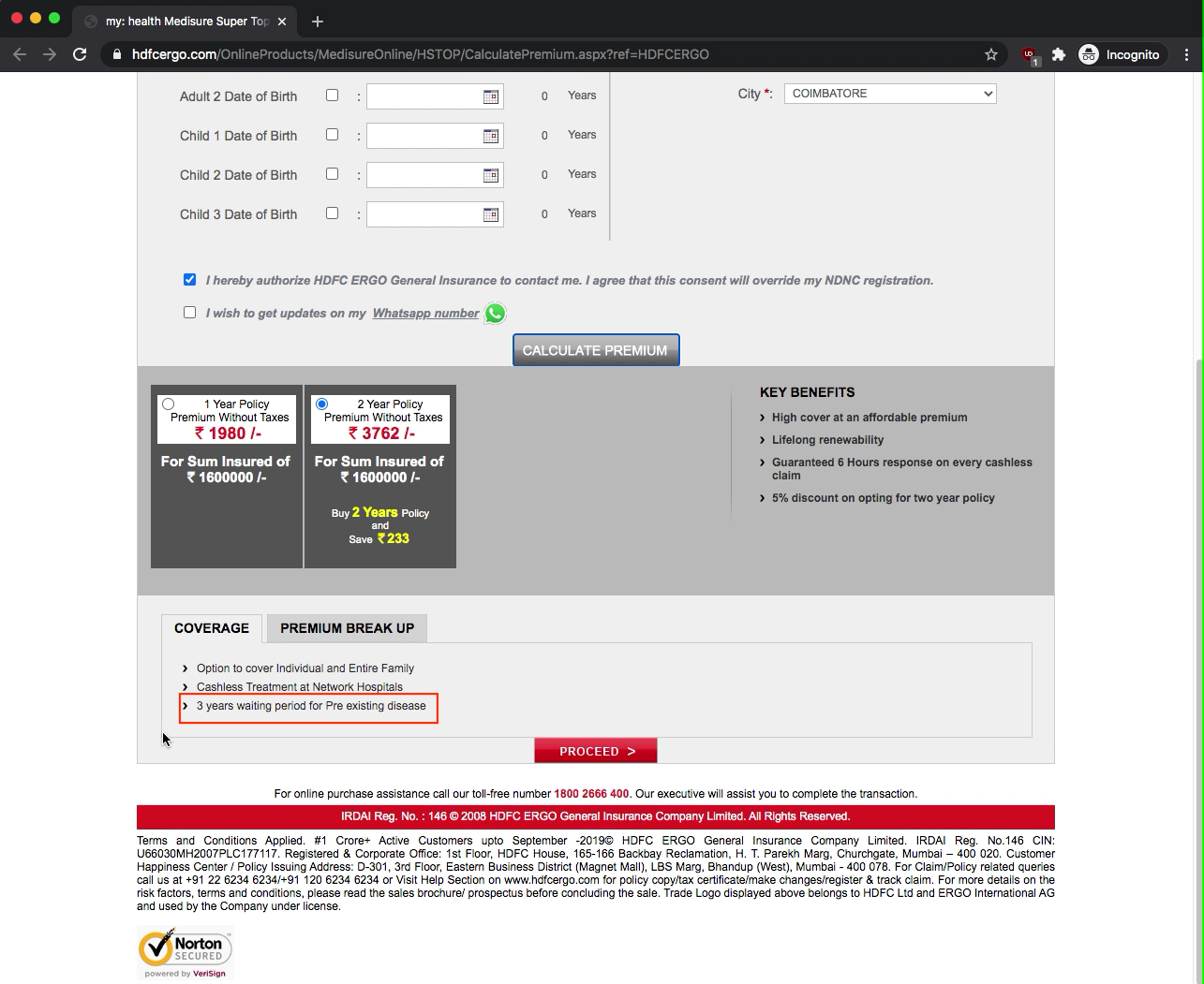 HDFC ERGO preexisting illness coverage on their website