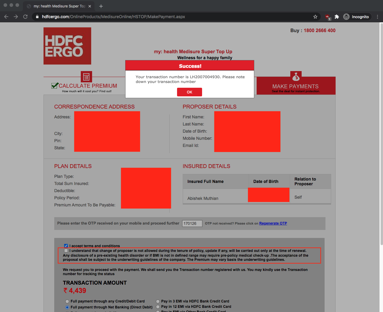 HDFC ERGO condition regarding preexisting illness on their website