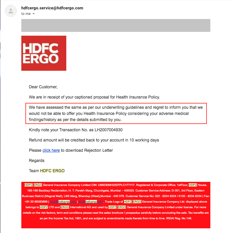 HDFC ERGO condition regarding preexisting illness on their website