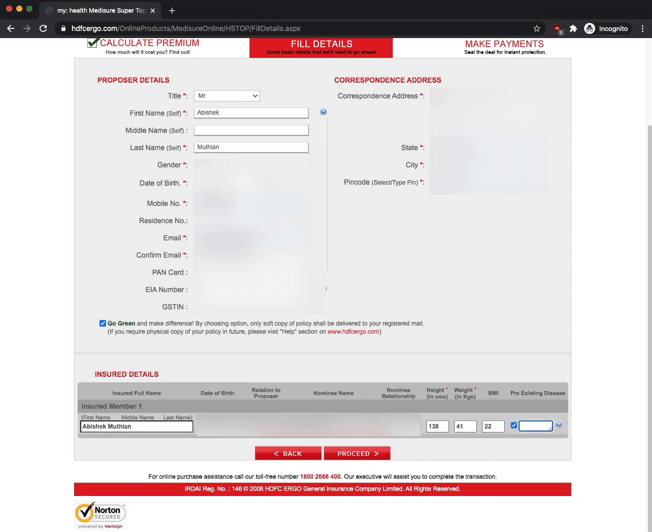 HDFC ERGO filling up the application on their website