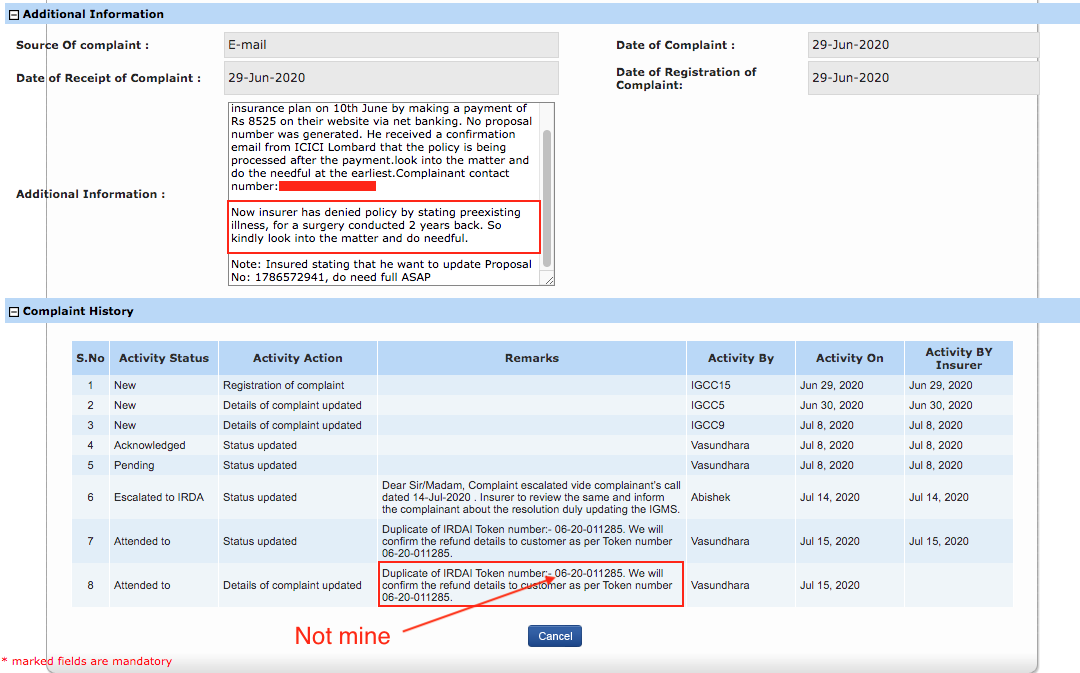 ICICI Lombard health insurance IRDAI complaint history