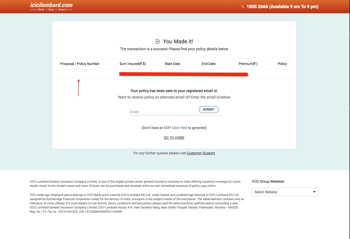 ICICI Lombard health insurance no proposal number generated