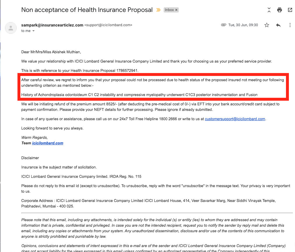 ICICI Lombard health insurance proposal rejection preexisting illness 