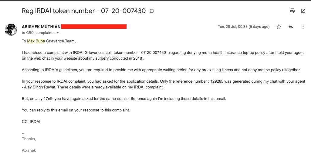 Max Bupa health insurance preexisting illness GRO email