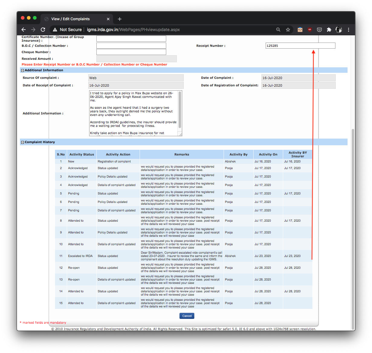 Max Bupa health insurance IRDAI Complaint History