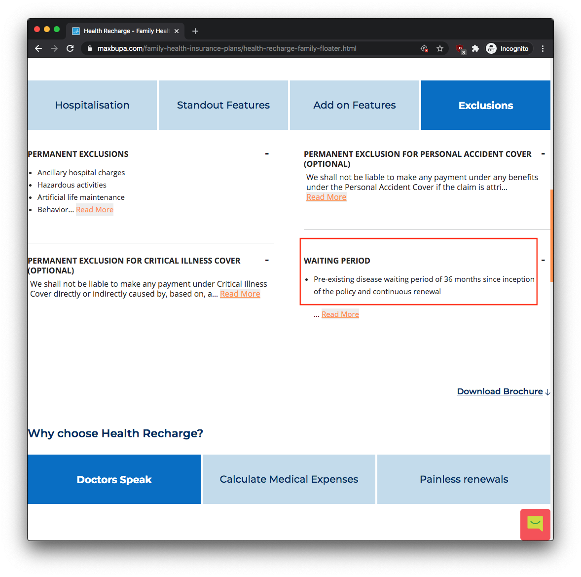 Max Bupa health insurance website showing exclusions and waiting period