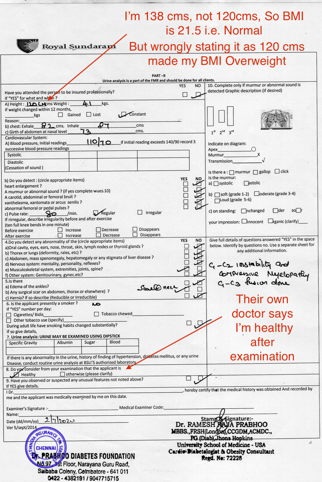 Royal Sundaram medical test report - doctor statement