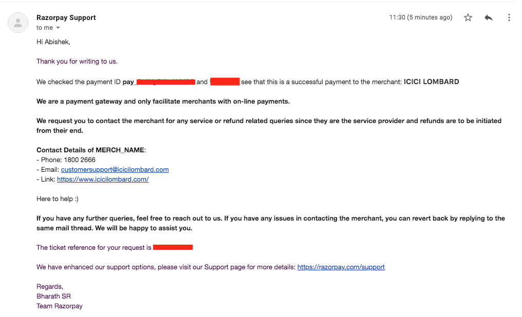 Payment Gateway Razorpay confirmation email about ICICI Lombard