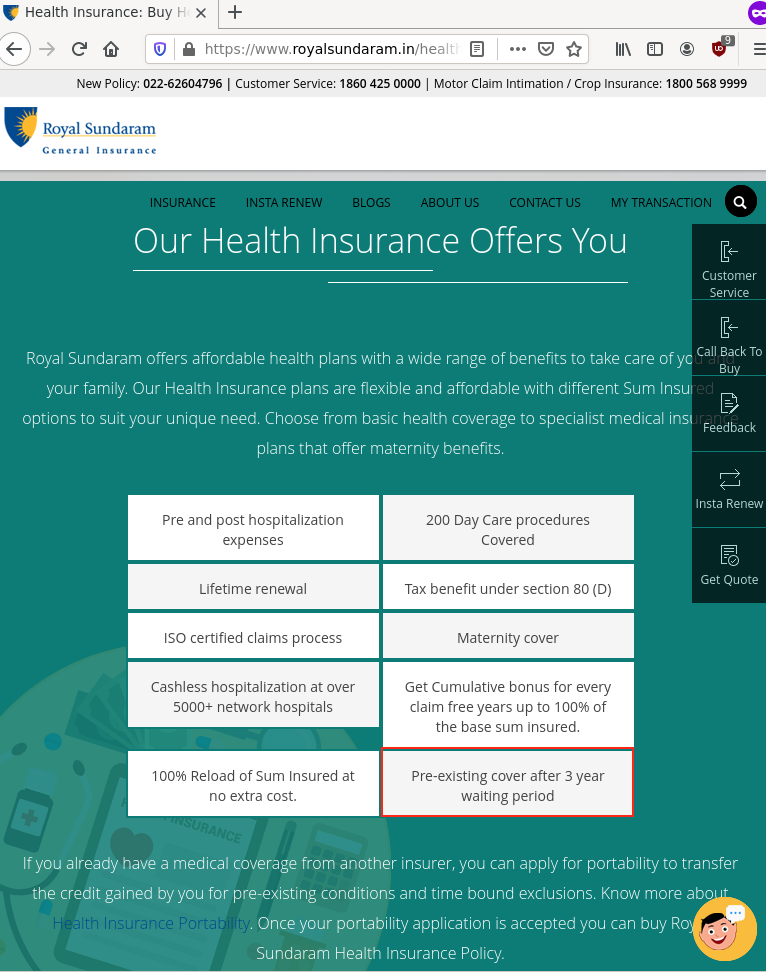 Royal Sundaram Website on preexisting illness