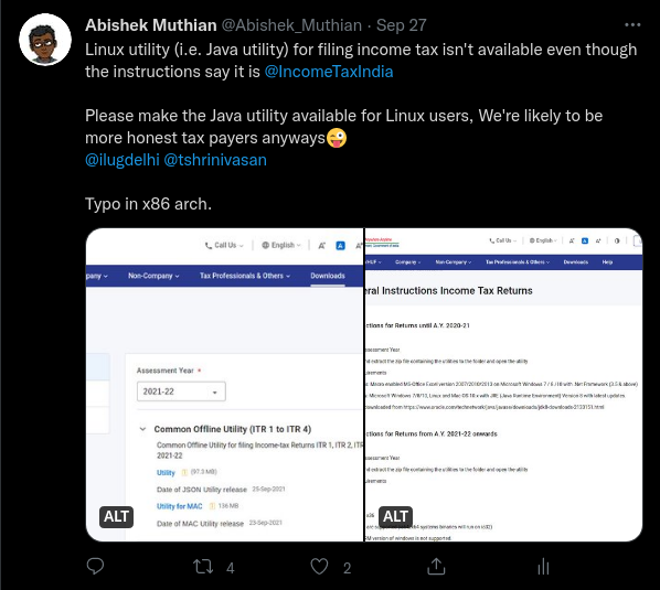 Income E-filing Linux Tweet