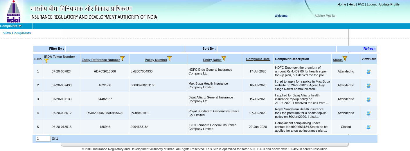 Lastest status of IRDAI grievances - April 2021