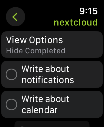 Apple Watch screenshot showing the synced task in the Reminders app