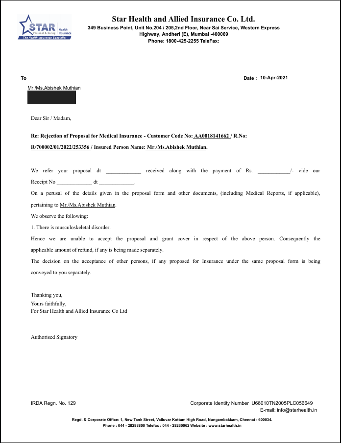 Star Health Insurance rejection letter